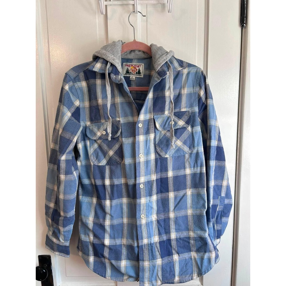 Free Planet Hooded Flannel Shirt Mens Small Blue Plaid Cotton Waffle Hood